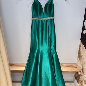 Mon Cheri Teal Satin Prom Dress